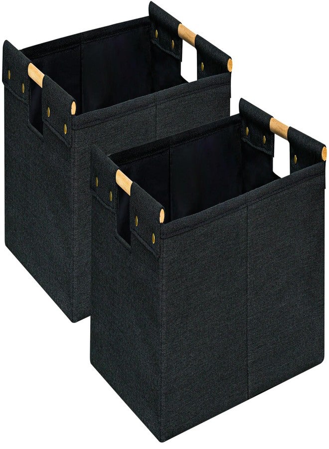 CUUSNNY 2 Pack Rectanglar Storage Basket ,Cotton Linen Fabric Collapsible Storage Bin with Wooden Handles Large Gift Basket for Closet Bookshelves Cabinets Clothes Organizer for Home Office (Black) - Image 1